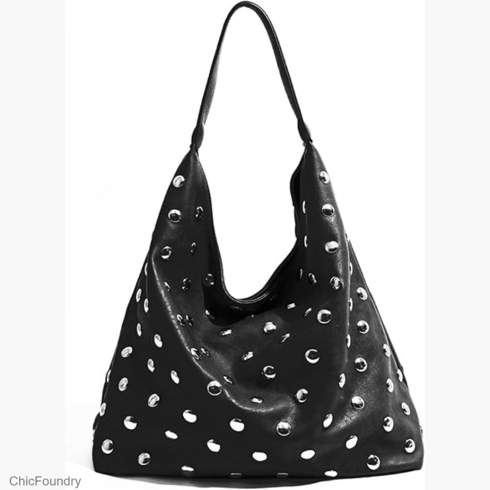 Studded Vegan Leather Hobo Shoulder Bag Large Capacity Tote Purse